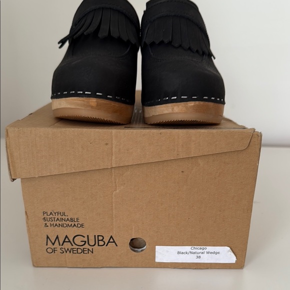 Maguba Sweden Black Fringe Wedge Clogs size 38. Brand new in box - Picture 8 of 8